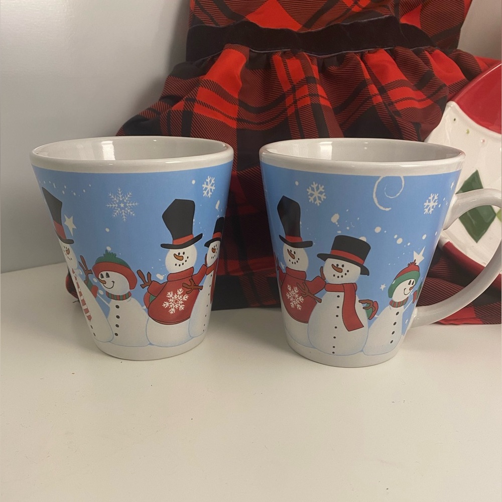 Set of 2 Snowman Holiday Mugs – Blue Winter Coffee Cups Christmas